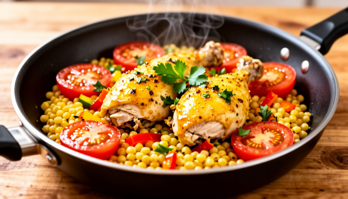 Быстрый ужин за 20 минут: курица с птитимом и овощами в одной сковороде - рецепт, который всегда выручает Быстрый ужин за 20 минут: курица с птитимом и овощами в одной сковороде - рецепт, который всегда выручает